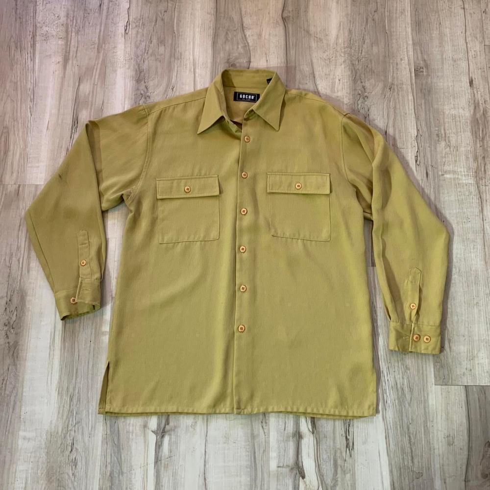 Gochu Mens Mustard Green Oversized Long Sleeve Button Up Shirt Medium